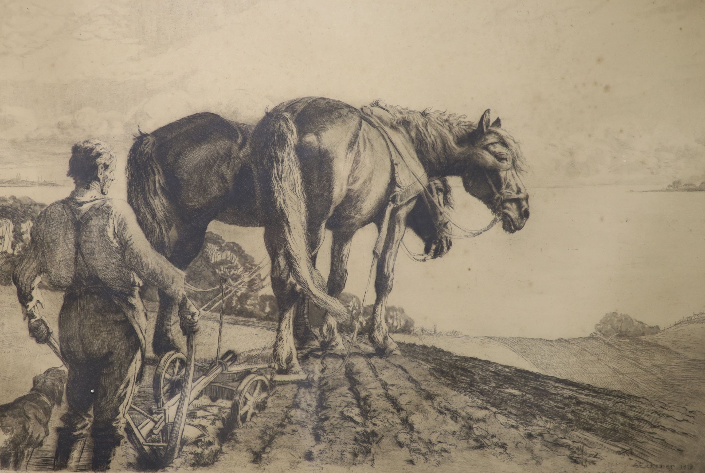 Frank Brangwyn (1867-1956) - drypoint etching, ‘’Town canal with bridge’’, signed in pencil, 16 x 23cm. and A. Eckener - an engraving of a figure ploughing, signed in pencil, 40 x 58cm. (2)